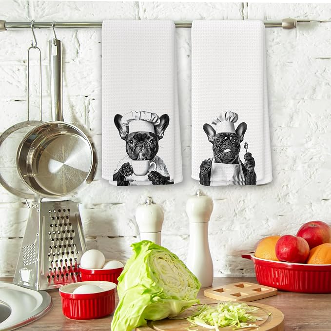 Funny French Bulldog Chef Kitchen Towels Set of 2, Black and White Frenchie Cooking Frenchie Gift Dish Tea Towels for Kitchen, Dog Lover Dining Room Decorative Hand Towel 16x24 Inch