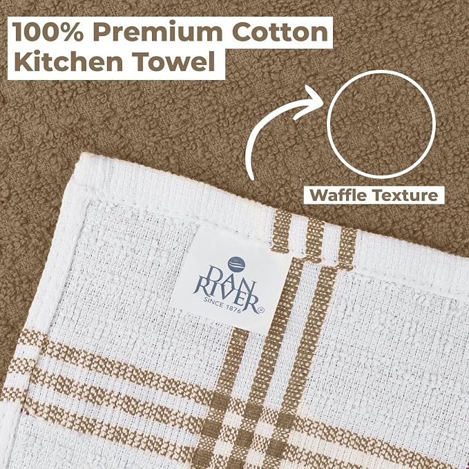 DAN RIVER Premium Tan Kitchen Towels - [Pack of 6] 100% Cotton (16x 26 Inches) -Super Soft, Highly Absorbent Hand Towels, Quick Dry, Dish Towels, Tea and Bar Towels Set