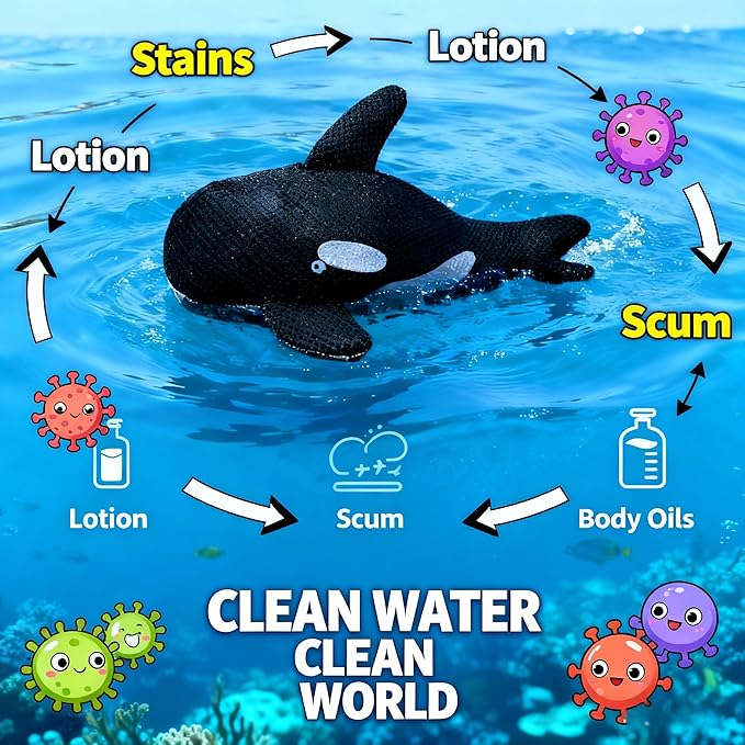 Fuovt Orca Whale Hot Tub Scum Absorber - 3D Mesh Scum Sponge with Rope & Suction Cup, Machine Washable Scum Absorber for Swimming Pool, Hot Tub & Spa Cleaning Tool