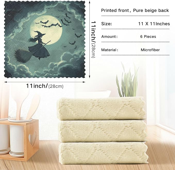 Halloween Witch Bats and Moonlight Kitchen Towels Dish Cloths Set of 6 Microfiber Cleaning Cloths for Cars Super Absorbent Machine