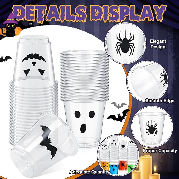 300 Pack 3 oz Halloween Plastic Shot Glasses Disposable Party Shot Cups Bulk Ghost Pumpkin Spider Bat Clear Mini Tasting Cups for Halloween Whiskey Party Favors Drinking Supplies