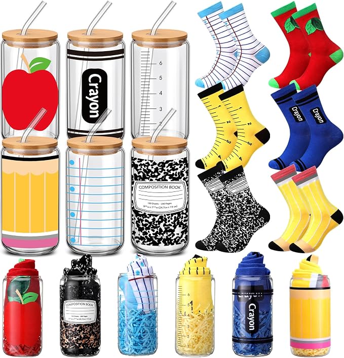 Newcotte 6 Sets Back to School Teacher Gifts Bulk 16 oz Glass Cups with Lids Straws Novelty Socks First Day of School Appreciation Gift for Women Teachers Classroom Party Supplies