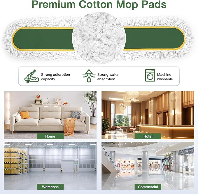 48" Commercial Dust Mop for Floor Cleaning with 2 Cotton Mop Pads | Heavy Duty Wet Dry Broom with 65" Metal Handle for Commercial Industrail Office Garage Warehouse Factory Mall/Green