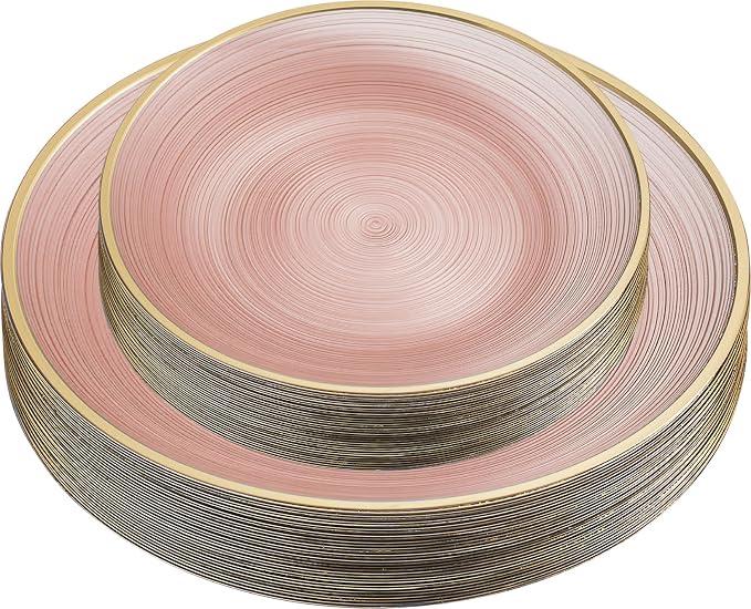 PLASTICPRO 64 Pieces Crystal Design Plastic Plates Combo Pack 32-7 inch and 32-10 inch with Gold Rim Elegant Disposable Plates, Rose Color with Gold Rim