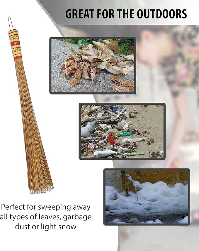 32 inch Multi-Surface Sturdy Outdoor Authentic Coconut Leaf Broom Asian Heavy Duty Broom Thai Natural Coconut Leaf Broom (Country Rustic) 1 Piece (2 piece)