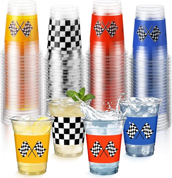 Dandat 100 Pack Race Car Party Plastic Cups 12 oz Blue Red Yellow Checkered Flag Disposable Clear Drinking Cups for If You Ain't First You're Last Birthday Fast One Party Supplies Favors