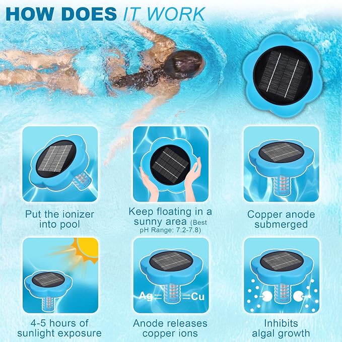 Toodour Solar Pool Ionizer - Upgraded Floating Solar Pool Ionizer for Above Ground Pool Cleaner, Up to 45,000 Gallons Durable Pool Cleaning Equipment Easy Pool Maintenance for Swimming Pools