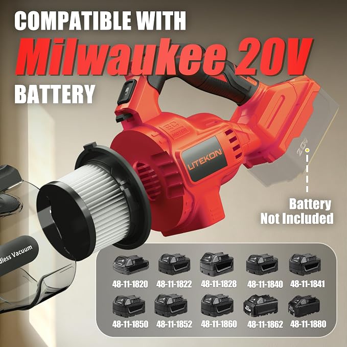 Cordless Vacuum Cleaner Compatible with Mil-Wuakee 20V Battery,20000Pa High Power Handheld Vacuum with HEPA Filter, 5 in 1 Portable Electric Vacuum With LED Light for Carpets, Floors&Cars (No Battery)