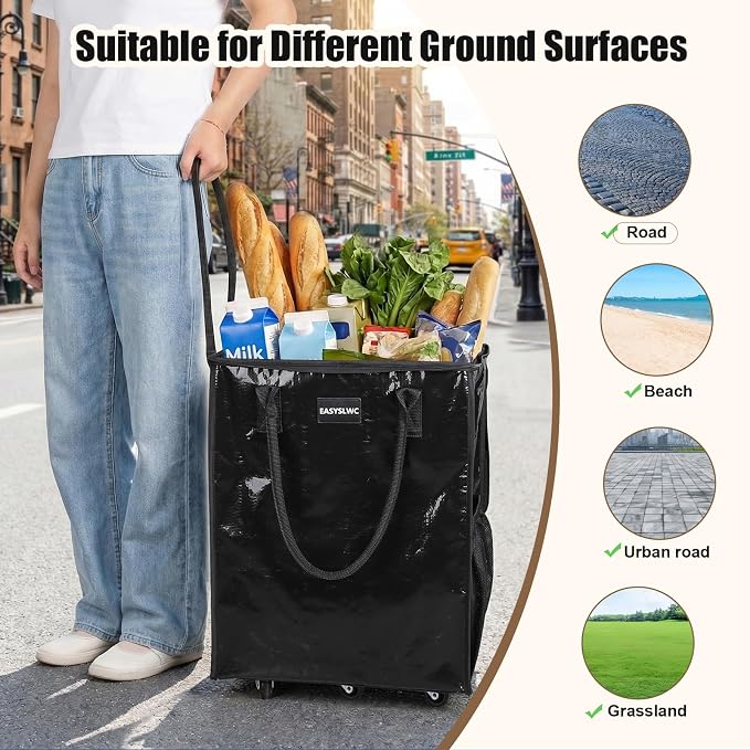 Large Reusable Hauler Rolling Tote Bag, Collapsible Portable 99L Shopping Bag Cart Tote Bag with Wheels for Groceries, Organization Bag, Heavy Duty Utility Bag with Wheels, Travel, Moving