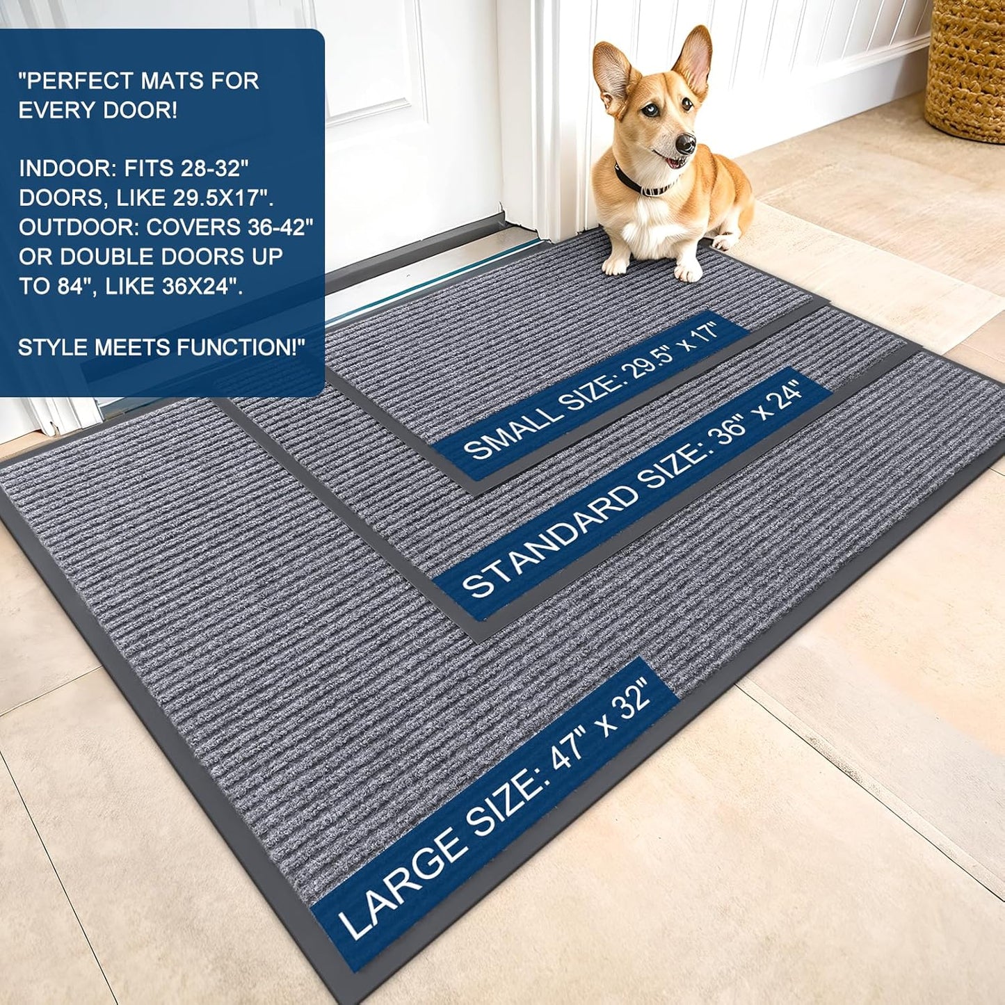 OLANLY Front Door Mat Indoor Outdoor Entrance, Waterproof Heavy Duty Doormat, Fade Resistant, Low Profile, Easy Clean Patio Porch Welcome Floor Mats for Entry, 59x35, Light Gray
