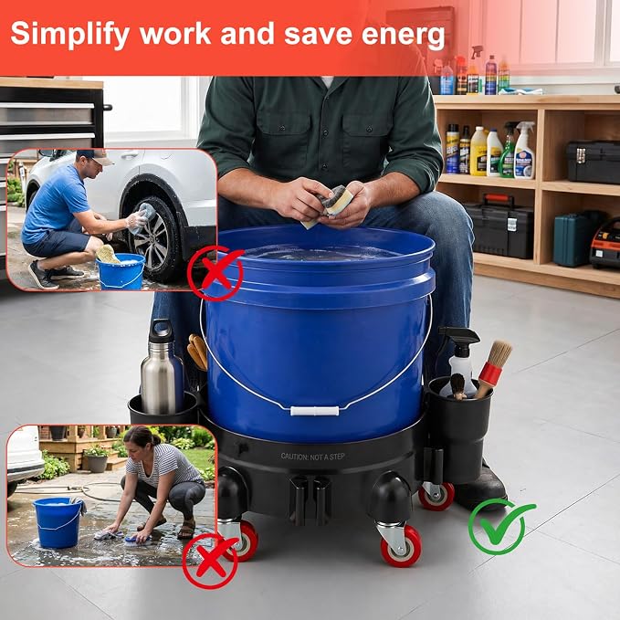 Heavy-Duty Bucket Dolly with Wheels,5 Gallon Bucket Roller with Locking Casters & Secure Clamp,Rolling Bucket Cart for Cleaning, Gardening,Industrial Use,300Lbs,Equipped with three detachable brackets