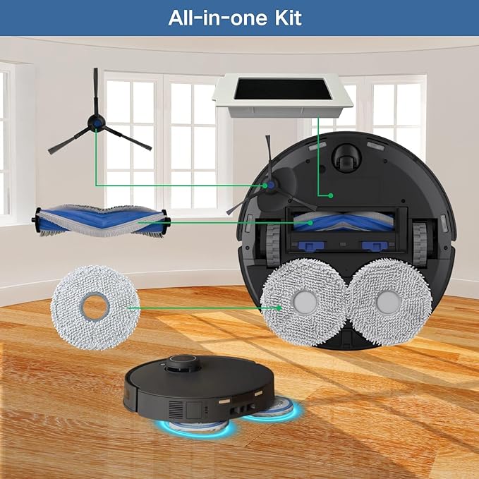 Replacement Accessories Parts Kit Compatible with Ecovacs Deebot T30S Combo| Includes 8 Dust Bags, 8 Mop Pads, 6 Filters, 6 Side Brushes, 2 Main Brushes