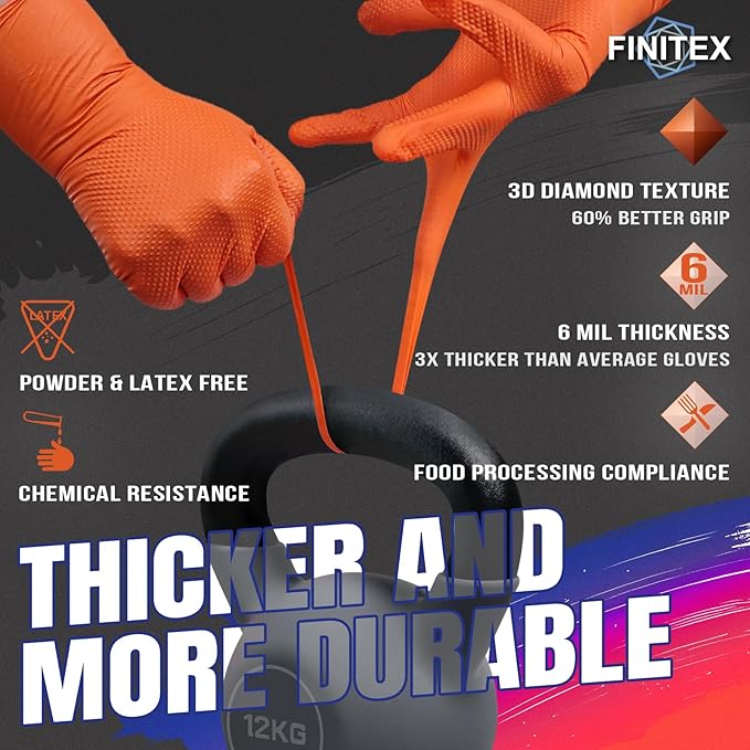 FINITEX Industrial Diamond Texture Nitrile Orange Glove - 100/1000PCS Chemical Resistant 6.3mil Mechanic Disposable Gloves