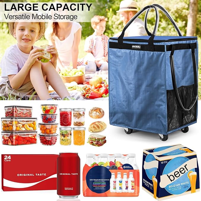 (Medium,Blue) Reusable Grocery Bag on Wheels, 70L Foldable Rolling Tote, Extra Storage for Shopping, Laundry & Moving, Zipper Clouser Shopping Carts for Camping, Moving, 4 Heavy Duty Wheels