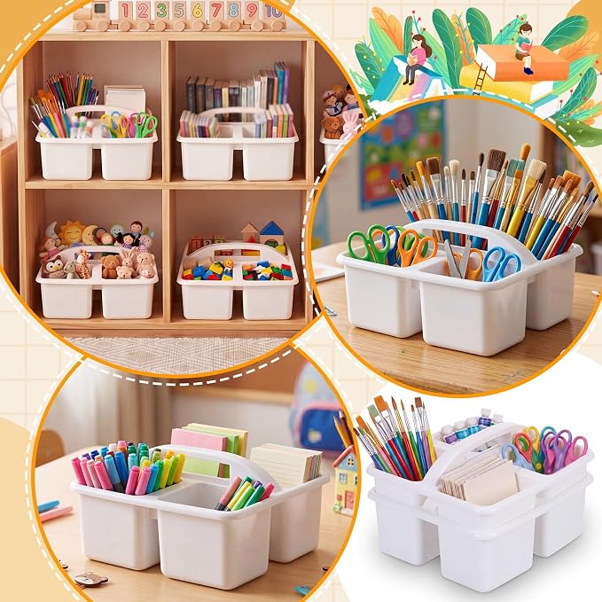 Geelin 24 Pack Classroom Caddy Bulk, Plastic Storage Caddy with Handle and 3 Compartments, Stackable Art Supply Caddies Organizer(White)