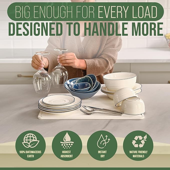Large Stone Dish Drying Mat - Double-Sided Stone Drying Mat for Kitchen Counter - 3-Pcs Gift Set (White Marble, 20" x 16")