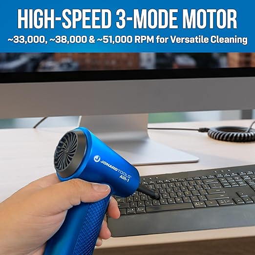 Jonard Tools AIR-1 Cordless Air Duster, 51,000 RPM Rechargeable Electric Air Blower, 3-Speed Cleaning Tool with LED Light & 5 Nozzles for Electronics, Keyboards, PC, Car, and Vents