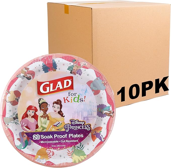 Glad for Kids Disney Princess Disposable Paper Plates, Magic is in All of Us - Heavy Duty, Soak Proof, Microwavable, Kid-Friendly Snack Plates for Everyday Use, 10 Inch, 20 Count - 10 Pack