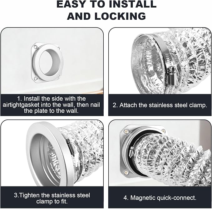 Magnetic Dryer Vent Coupling DV180 Airtight Seal Dryer Vent Connector Kit Easy to Clean Dryer Vent Hose Quick Connect Magnetic Dryer Vent Coupler Include 4"x3.3ft Aluminum Foil Duct & 2 Clamps