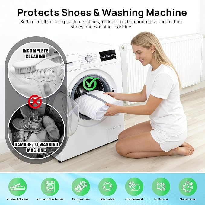 Upgraded Dual Compartment Design Shoe Bag for Washing Machine with Adjustable Shoes Trees& Sneaker Dryer Bag, 420g Heavy-Duty Shoe Washing Machine Bag, Clasp-Lock Zipper for Maximum Protection