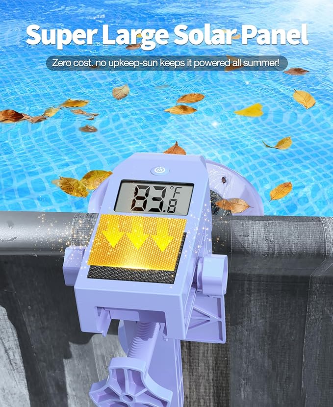 DeeprClean Newly Above Ground Pool Skimmer with Solar Digital Thermometer, Wall Mount Surface Skimmer with Adjustable Height Bracket, Auto Skimming for Pool Surface Floating Leaves & Debris-Lavender