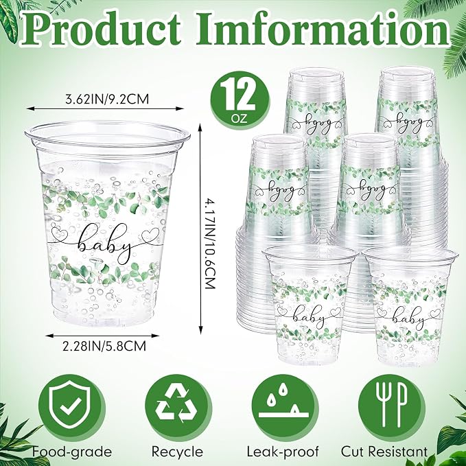 Jingmore 100 Pcs Sage Eucalyptus Baby Shower Plastic Cups 12oz Sage Greenery Disposable Clear Plastic Drinking Cups Bulk for Wedding Bridal Baby Shower Birthday Party Decorations Supplies