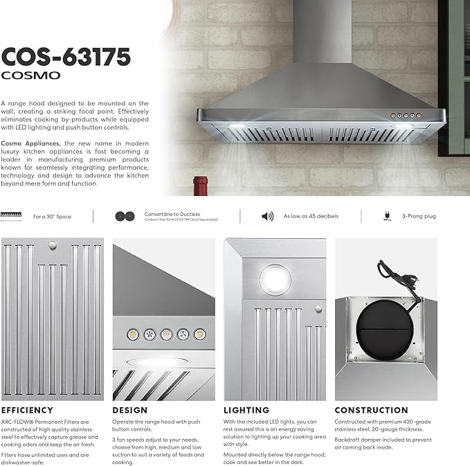 COSMO COS-63175 30 in. Vista Collection 380 CFM Ducted Wall Mount Range Hood, Button Controls, LED Lights, Stainless Steel
