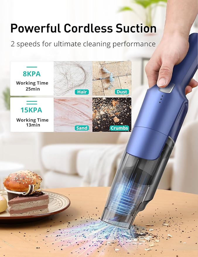 Handheld Vacuum Cordless, 24KPA Powerful, Rechargeable, Charging Dock, Ergonomic Handle, 2-in-1 Crevice Tool, 1.8lb Portable Vacuum Cleaner with 2-Speed for Car, Portable Car & Pet Hair Vacuum