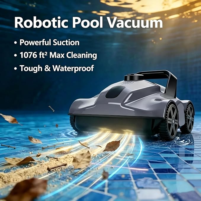 Cordless Robotic Pool Vacuum for Above Ground Pools, Rechargeable Automatic Pool Cleaner with Auto Parking,Efficient Filtration for Above Ground Pool Vacuum Robot