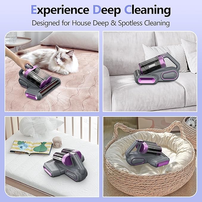 Bed Vacuum Cleaner, Mattess Vacuum with 16Kpa Powerful Suction 253.7nm UV-C Light, Ultrasonic Technology, 42000 RPM/Min Brushroll, Cordless Handheld Vacuum with Dual Bins for Dust, Pet Hair,etc