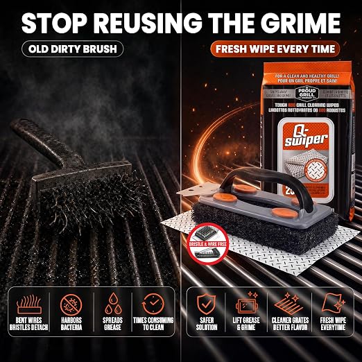 Proud Grill Q-Swiper BBQ Grill Cleaner Set - 1 Grill Brush with Scraper and 25 BBQ Grill Cleaning Wipes, Bristle-Free & Wire-Less, Safe Way to Remove Grease and Grime for A Clean and Healthy Grill