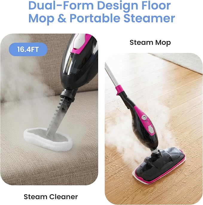 Simple Deluxe 10-in-1 Steam Mop, 1550W Detachable Handheld Steam Cleaner with 16FT Cord & 2 Pads, Multi-Surface Floor Steamer for Hardwood, Tile, Carpet, Windows, Pink