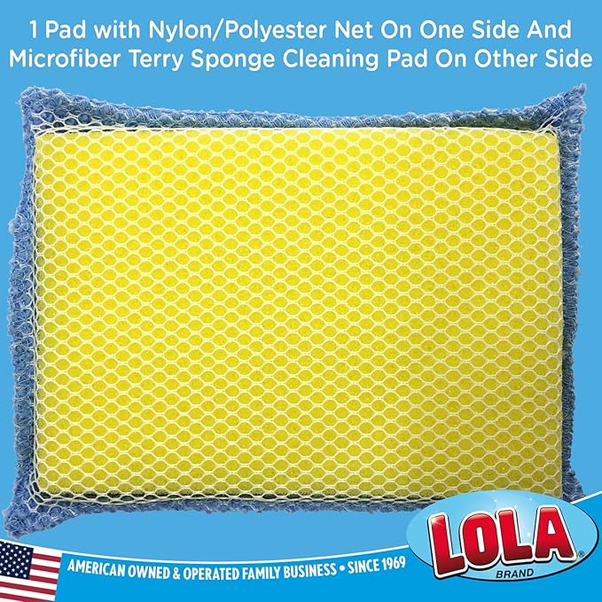 LOLA Microfiber Terry & Nylon Net Sponge Scrubber Pad, 2 Pack, Non Scratch 2-Way Cleaning, Gently Scrubs & Wipes Clean