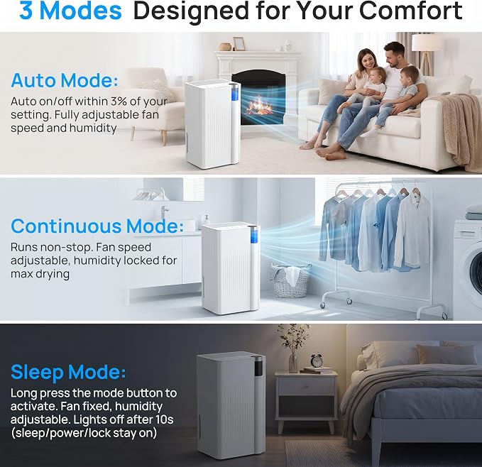 Uthfy 3000 Sq. Ft Dehumidifier for Basement, Max 38 Pint/Day Dehumidifier for Home with Drain Hose, 24H On/Off Timer, 3 Color Ambient Light, Child Lock,Auto Deforest, Quiet for Bedroom,Bathroom,Office