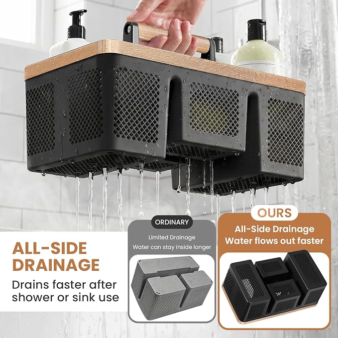 BYUNER Black Shower Caddy Portable: Plastic Bathroom Caddy Organizer with Handle and Holes, Cleaning Caddy, Hard Shower Basket Storage Tote for Toiletry, College Dorm Room Essentials for Men