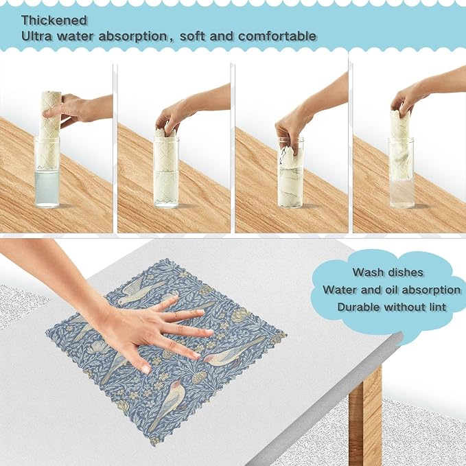 ALAZA Dish Towels Kitchen Cleaning Cloths William Morris Prints Dish Cloths Super Absorbent Kitchen Towels Lint Free Bar Tea Soft Towel Kitchen Accessories Set of 6,11"x11"