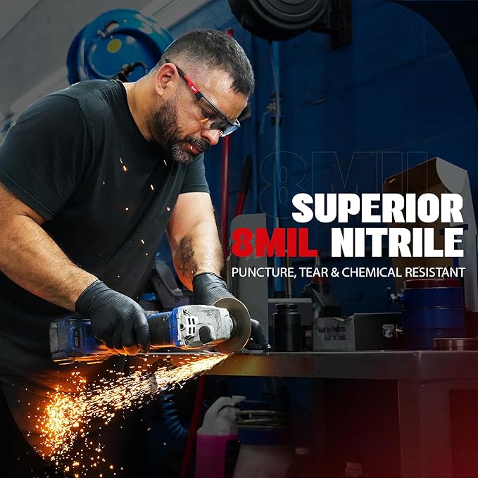 GRIPXX Herkules Grip Heavy Duty 8Mil Black Nitrile Gloves,3D Raised Diamond Texture-Latex & Powder-Free Industrial, Mechanic