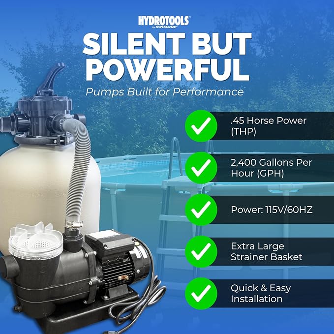 SWIMLINE Sand Filter Pump for Above Ground Pool - 14'', 0.43THP, 2400 GPH Pump flow rate, 4 way Multi port valve, Easy Installation