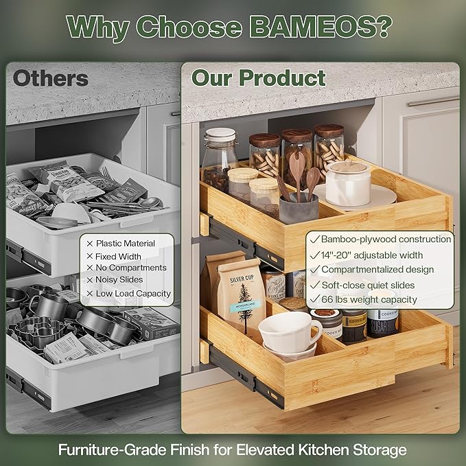 BAMEOS 2-Pack 14" to 20" Adjustable Width Soft Close Slide Out Bamboo Wood Drawer Organizer for Kitchen,Pantry, Bathroom & Under Sink, 2-Pack Wooden Storage, 21" Depth, 66 lbs Capacity