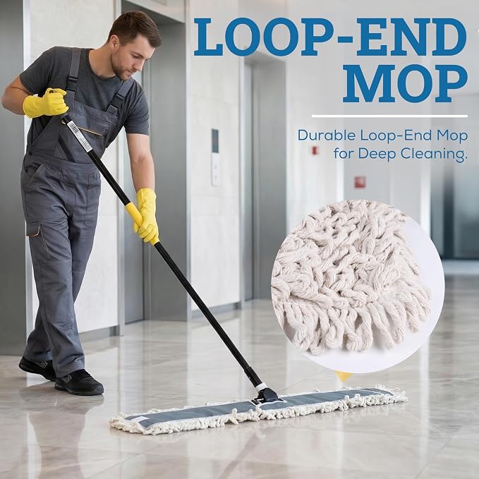 Kleen Handler 36" Commercial Dust Mop Replacement Heads, 12 Pack Industrial Loop End Flat Dust Mop Pads, Washable Cotton Mop Refill for Floor Cleaning, Natural