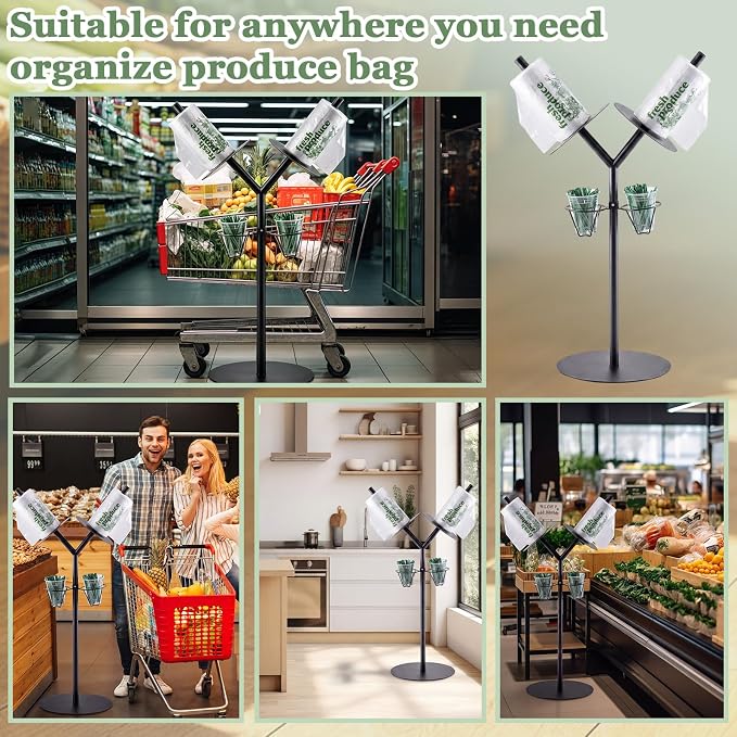 Zonon Dual Roll Grocery Roll Bag Holder Floor Standing 41 Inch Produce Bag Dispenser with Twist Tie Cup Organizer Black Straight for Supermarket Grocery Kitchen Storage