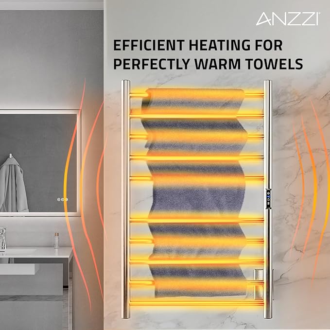 ANZZI Bali Modern 10-Bar Wall Mounted Towel Warmer in Brushed Nickel, Energy Efficient 80W Electric Plug in Heated Towel Rack for Bathroom, Towel Heater Rail with On/Off Switch, TW-AZ075BN