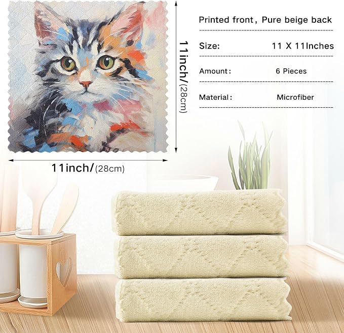 ALAZA Dish Towels - Cute Cat Oil Painting Kitchen Cloths Absorbent Soft Towel Set of 6, 11"x11"