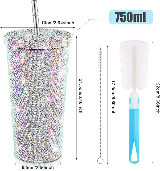 Mimorou Studded Bling Diamond Tumbler Glitter Water Bottle with Lid Stainless Steel Vacuum Thermal Straw Rhinestone Tumbler with 1 Pcs Cup Brush 6 Pcs Straw Brushes for Women(23.67 oz,AB Color)