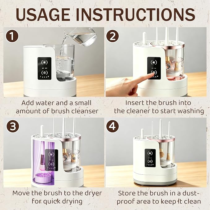 2026 Upgrade 3 in 1 Electric Makeup Brush Cleaner, Automatic Makeup Brush Cleaner Machine with Adjustable 2h/5h Dryer-Holder, Makeup Brush Washer and Dryer for All Brush Sizes, Plug in Design (A)