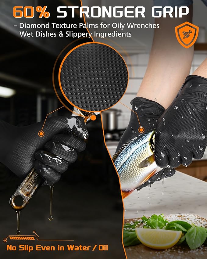nitroshield 9mil Heavy Duty Disposable Nitrile Gloves, Black Medium 800Pcs -Chemical Resistant, Latex Powder Free Rubber Gloves Diamond Texture for Automotive, Mechanics, Cooking,BBQ, Industrial Use