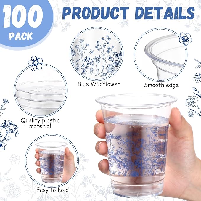 Jingmore 100 Pcs Flower Plastic Cups 12 oz Floral Wildflowers Disposable Clear Drinking Cups Bulk for Summer Spring Wedding Baby Shower Birthday Party Decorations Supplies(Blue Floral,Blue)