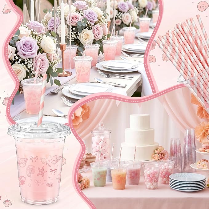 Domensi 25 Sets Seashell Themed Plastic Cups with Lids and Paper Straws 12oz Pink Ocean Disposable Drinking Cups Bulk for Cold Drinks Baby Shower Wedding Summer Theme Birthday Party Supplies