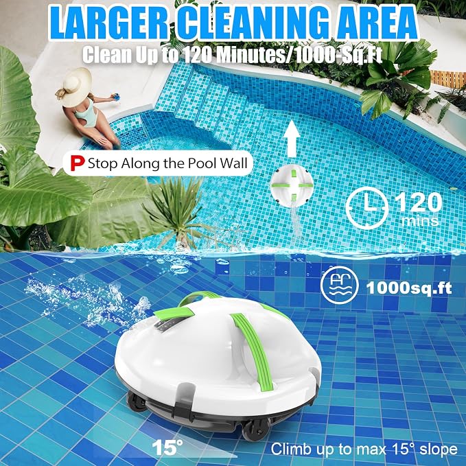 2026 Cordless Robotic Pool Cleaner, Pool Vacuum for Above Ground Pool with 120 Mins Runtime, Auto-Parking Robot Pool Cleaner for Inground Flat Pools Up to 1000 sq.ft