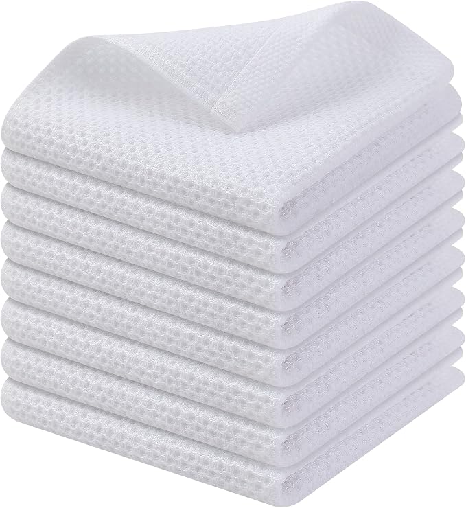 Kitinjoy 100% Cotton Kitchen Dish Cloths (12 X 12 Inches, White), 8 Pack Waffle Weave Ultra Soft Absorbent Dish Towels for Drying Dishes Quick Drying Kitchen Towels Dish Rags